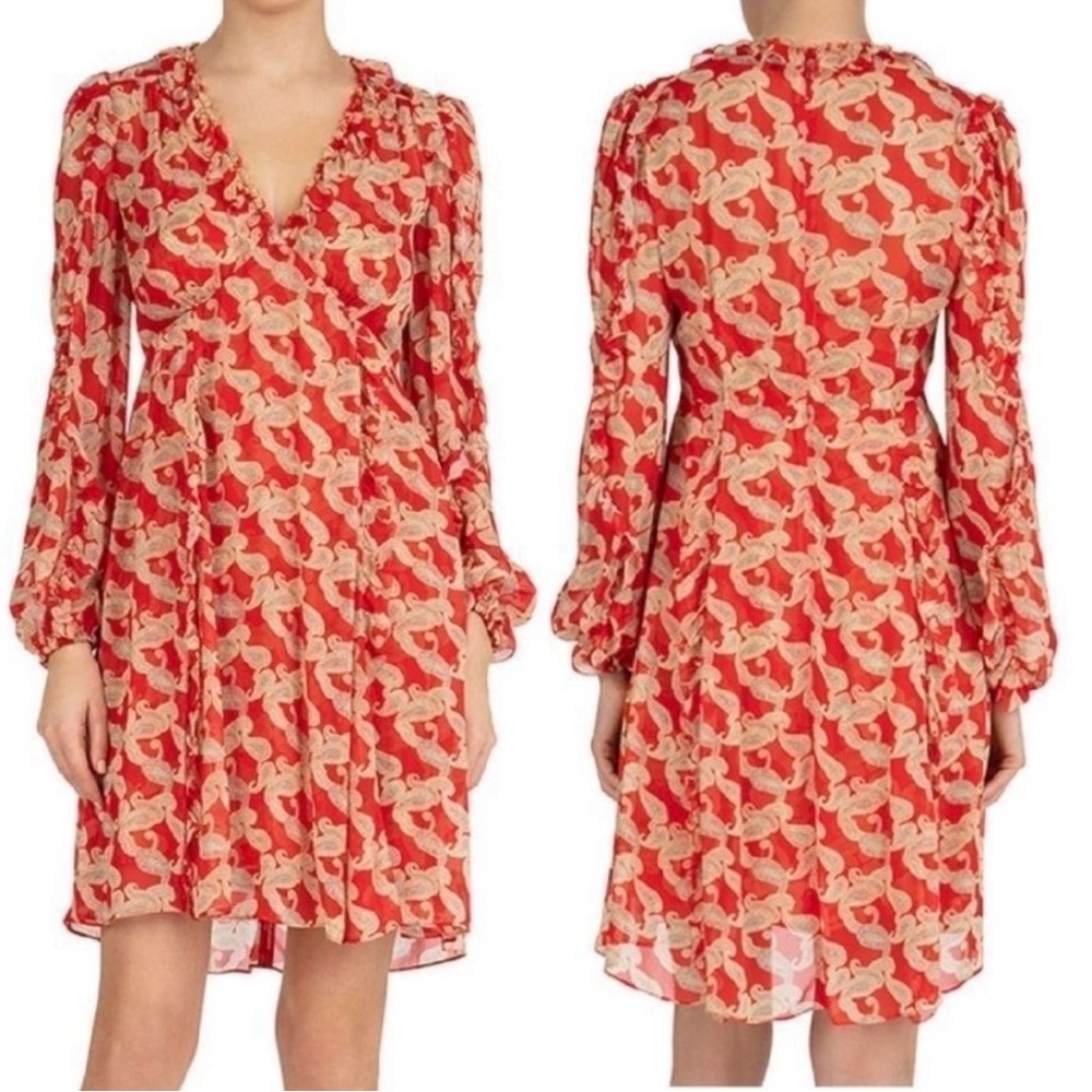 The‎ Kooplea Volute Printed Dress Sheer Red Ruffles 0